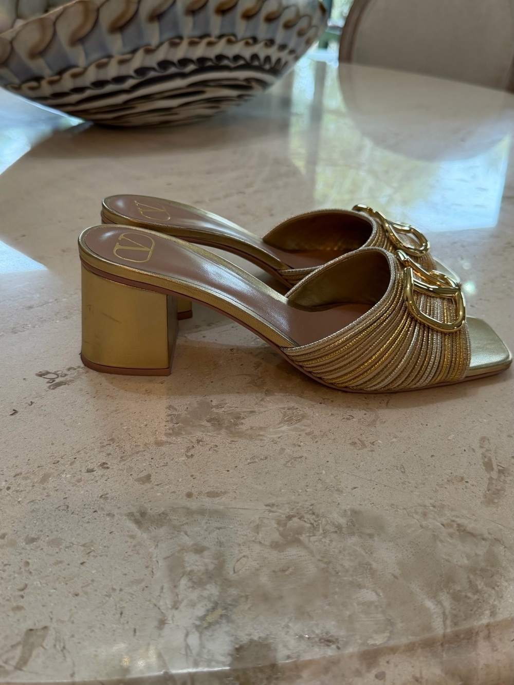 Valentino gold and silver Women's Slide Sandals with Decorative Logo Accent - Picture 4 of 5